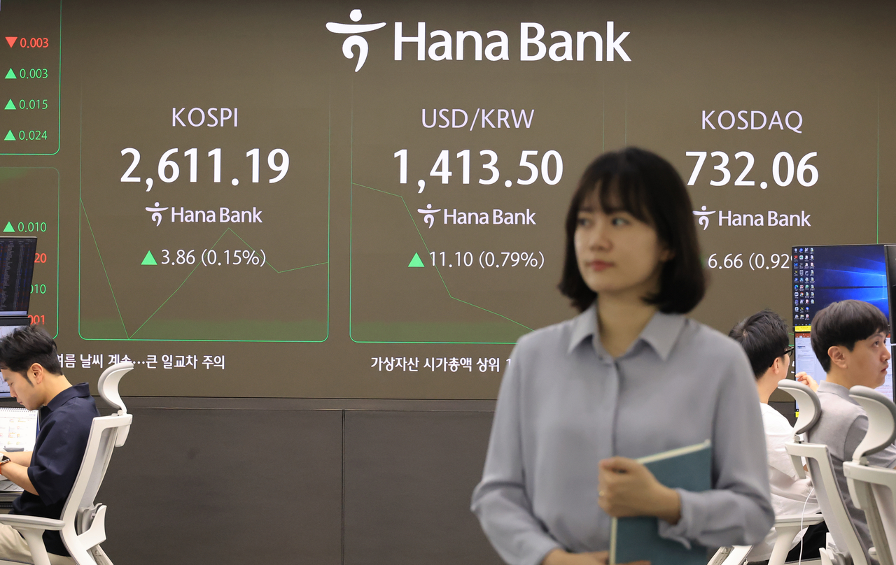 An electronic board showing the Korea Composite Stock Price Index at a dealing room of the Hana Bank headquarters in Seoul on Tuesday. (Yonhap)