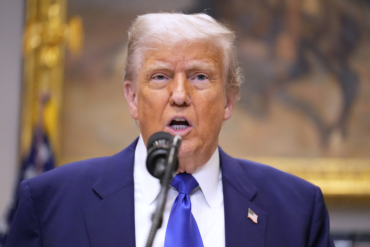 President Donald Trump speaks in the Roosevelt Room of the White House in Washington on. (AP-Yonhap)