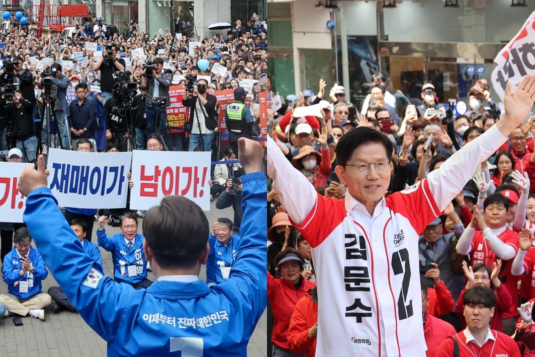 Democratic Party's presidential candidate Rep. Lee Jae-myung (left) is seen at a rally in Daegu; People Power Party's candidate Kim Moon-soo attends a rally in Ulsan, on Tuesday. (Joint Press Corps)