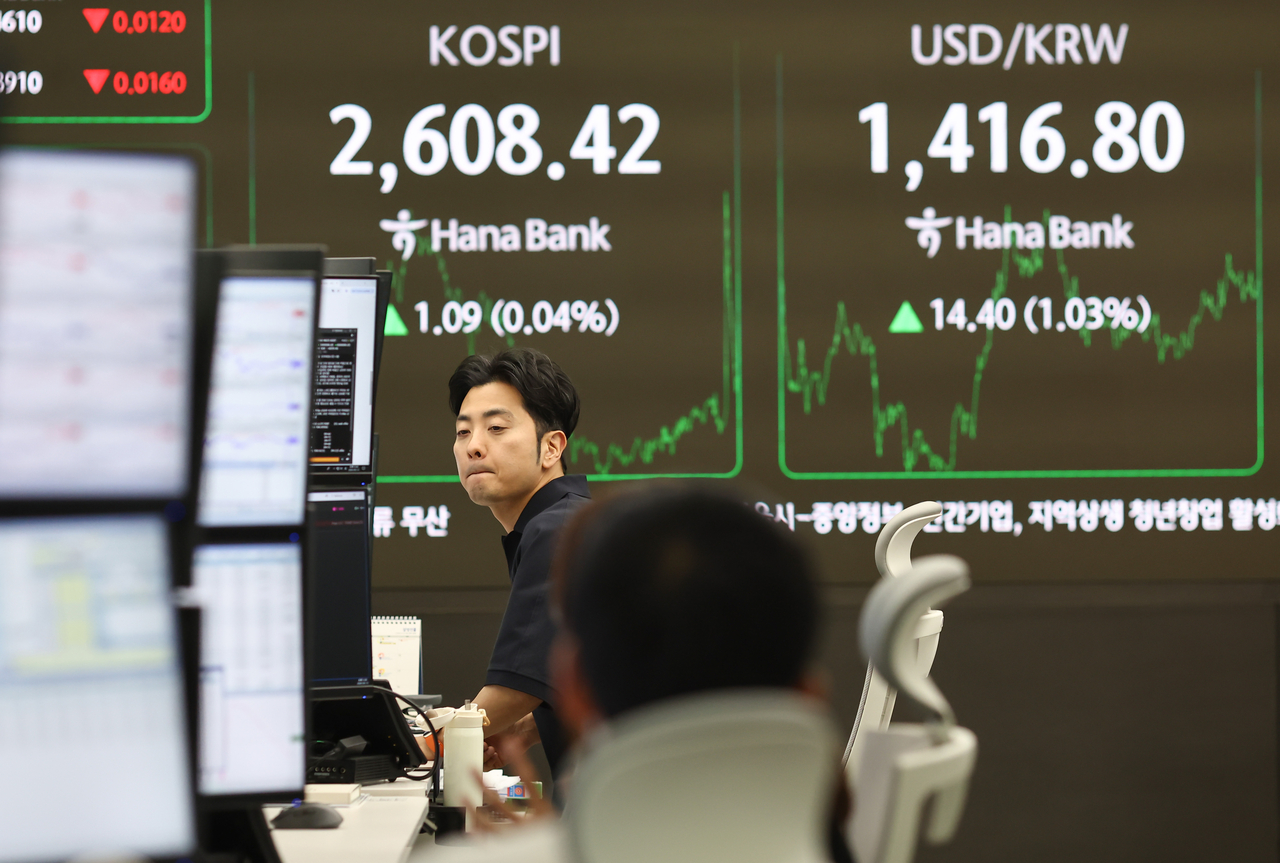 An electronic board at Hana Bank’s dealing room in central Seoul shows the benchmark Kospi closing daytime trading at 2,608.42, and the local won trading at 1,416.8 won per dollar, shortly after the closing bell on Tuesday. (Yonhap)
