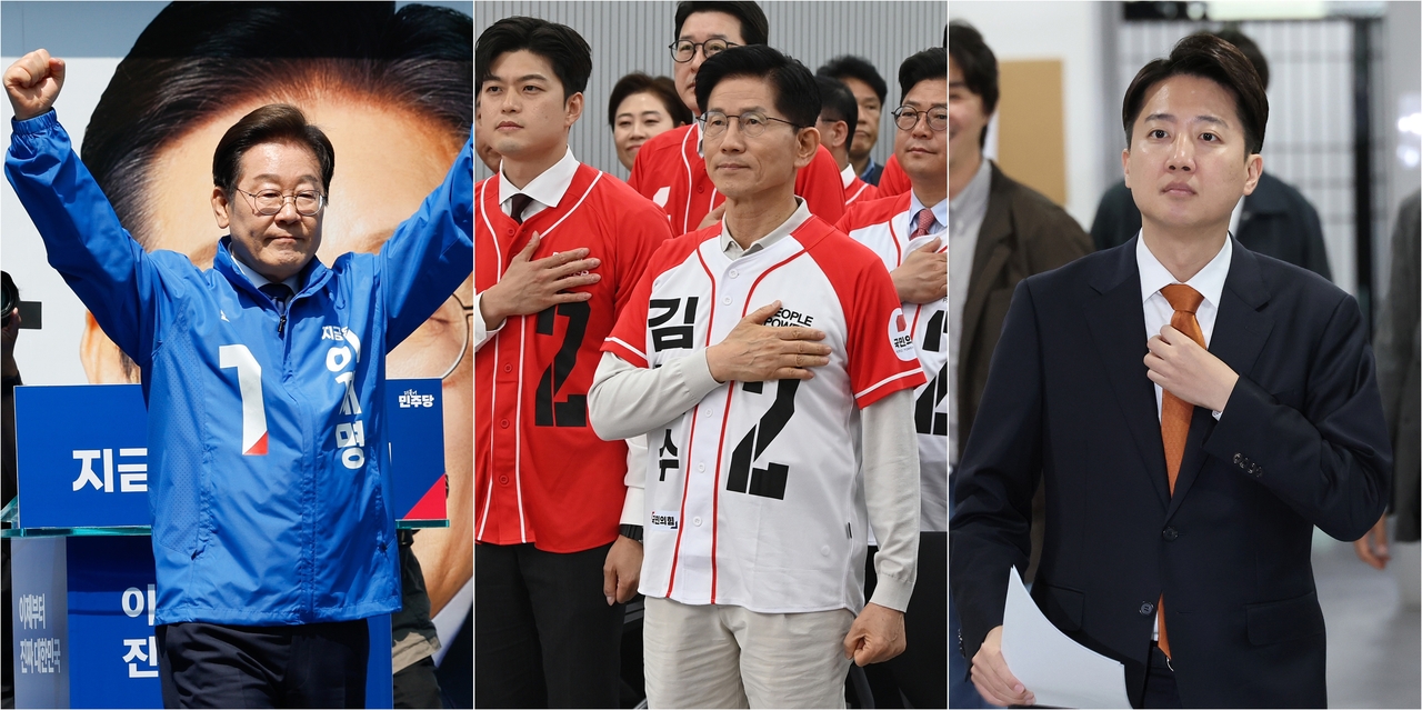 This composite photo shows Lee Jae-myung (left), presidential candidate of the Democratic Party; People Power Party presidential candidate Kim Moon-soo (center); and Lee Jun-seok, presidential candidate of the minor New Reform Party. (Yonhap)