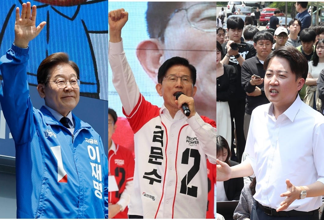 The photos show Democratic Party's presidential candidate Rep. Lee Jae-myung (from left) in Daegu, People Power Party's candidate Kim Moon-soo in Ulsan and New Reform Party's candidate Rep. Lee Jun-seok in Daegu (Joint Press Corps)