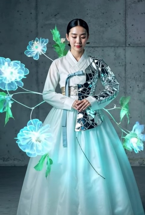 An image of a woman wearing hanbok created by Yoon Seok-kwan, or "AI artist Keepkwan" using AI tools (Keepkwan's Instagram @thisiskeepkwan).