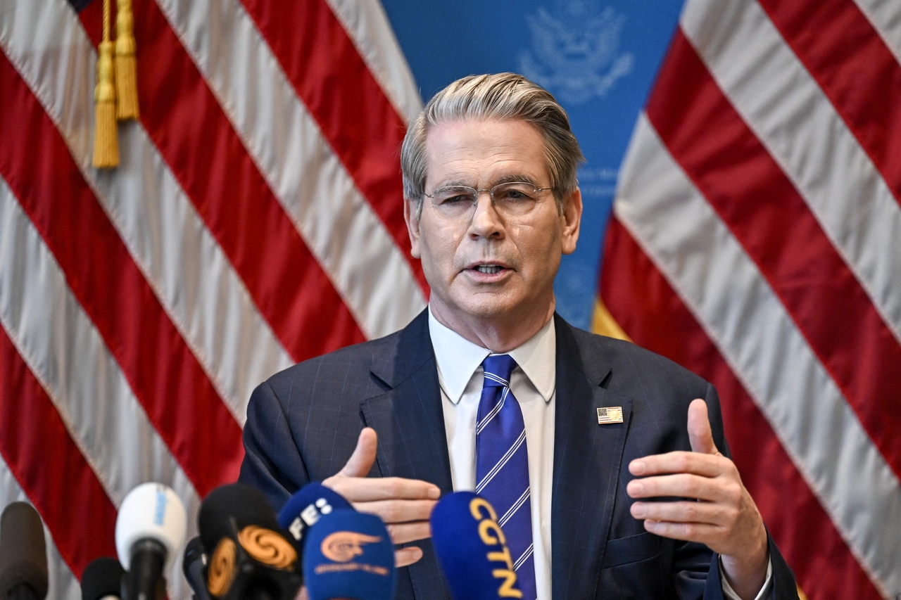 US Treasury Secretary Scott Bessent speaks during a news conference in Geneva, Switzerland, on Monday. (AFP-Yonhap)