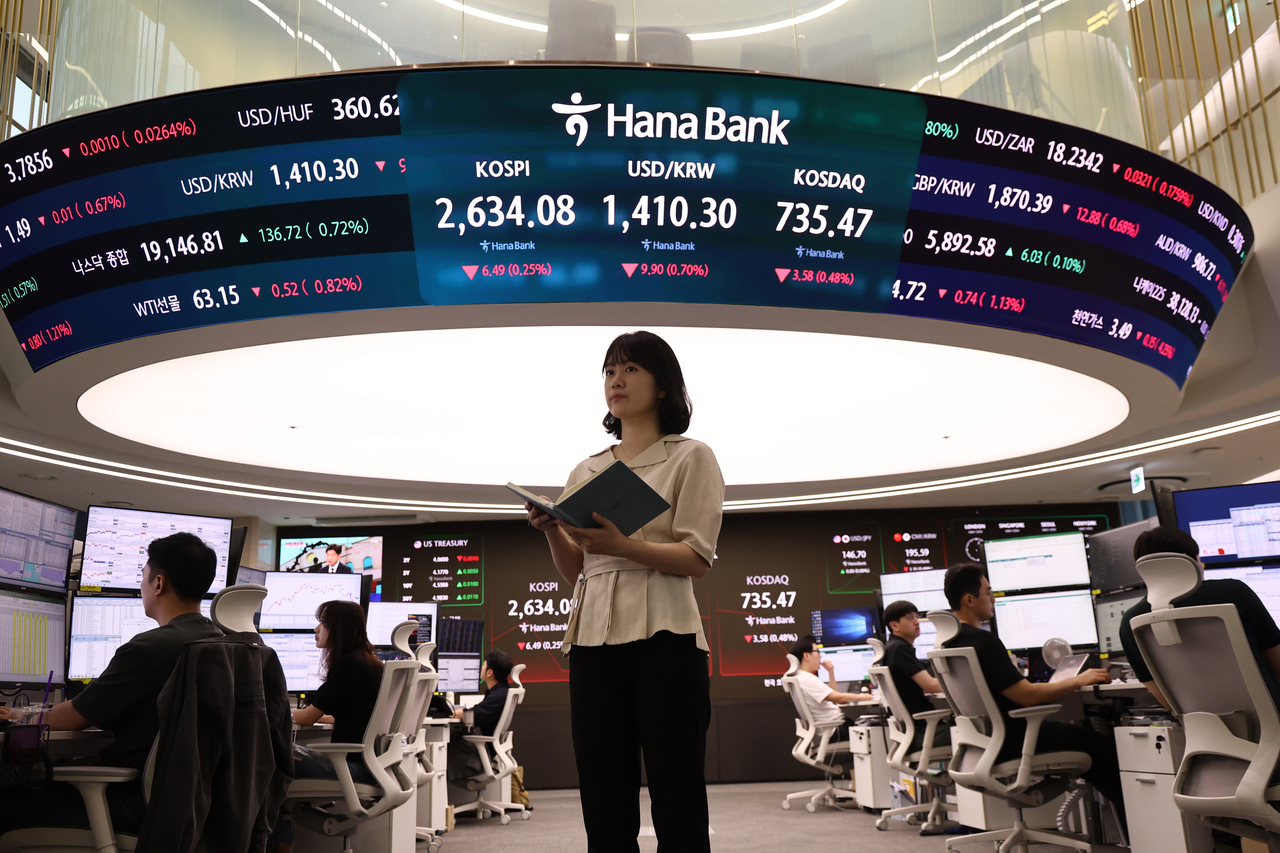 An electronic board showing the Korea Composite Stock Price Index at a dealing room of the Hana Bank headquarters in Seoul on Thursday. (Yonhap)