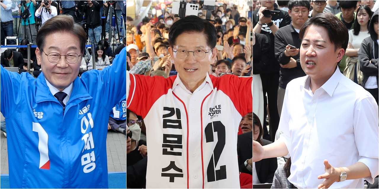 제21대 대통령 선출을 위한 공식 선거운동 이틀째인 13일 이재명 더불어민주당 대선 후보(사진 왼쪽부터)가 대구광역시 동성로 거리에서, 김문수 국민의힘 대선 후보가 울산 남구 신정시장에서, 이준석 개혁신당 대선 후보가 대구 경북대학교에서 집중 유세를 하는 모습. [연합]
