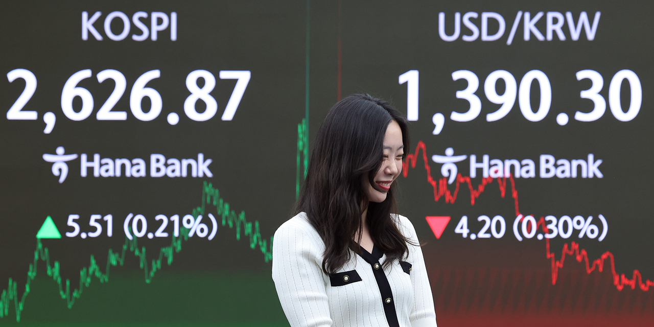An electronic board showing the Korea Composite Stock Price Index at a dealing room of the Hana Bank headquarters in Seoul on Friday. (Yonhap)