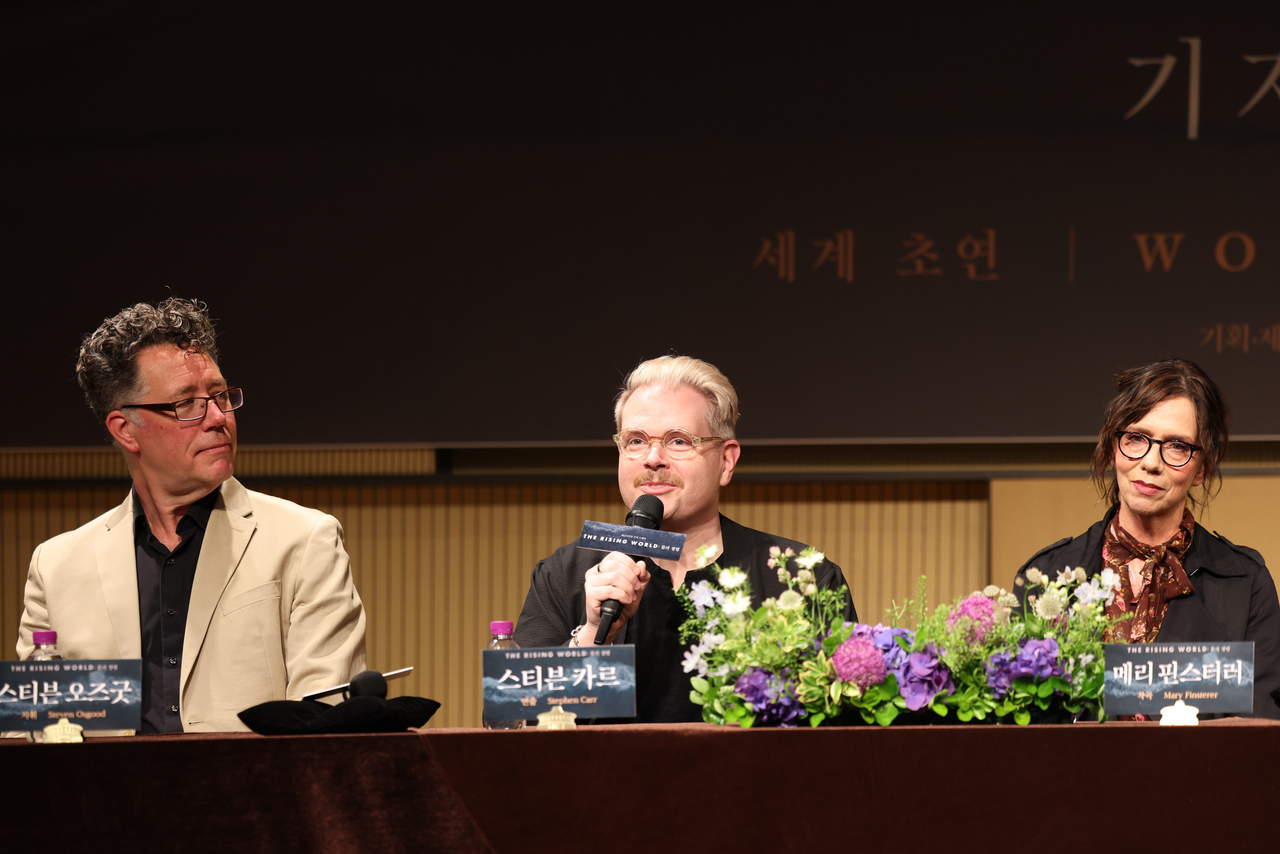 From left: Conductor Steven Osgood, Director Steve Carr and composer Mary Pinsterler participate in a press conference held at the Seoul Arts Center in Seocho-gu, Seoul on Tuesday. (Seoul Arts Center)