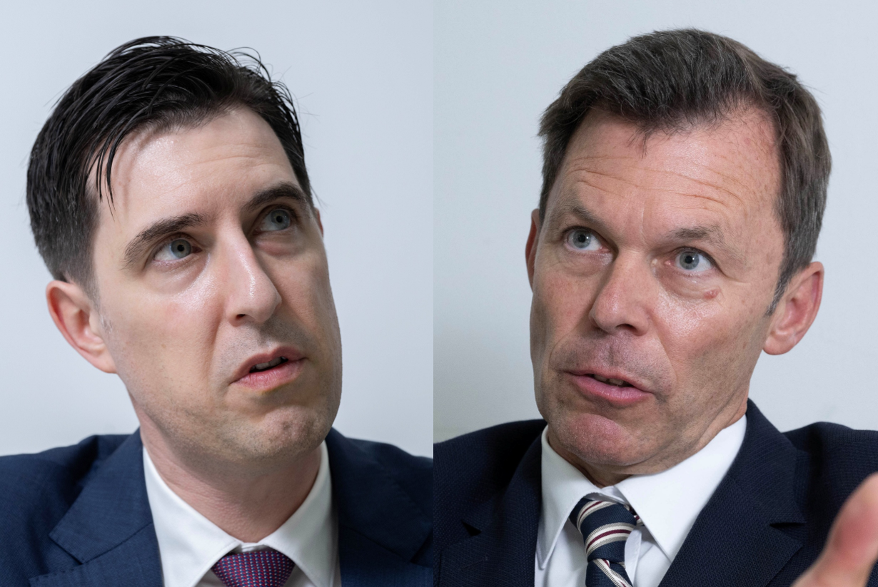 Pierre Boitard (left), vice president at BorgWarner, and Helmut Forster, vice president at BorgWarner, speak in an interview with The Korea Herald in Seoul on Thursday. (Im Se-jun/ The Korea Herald)