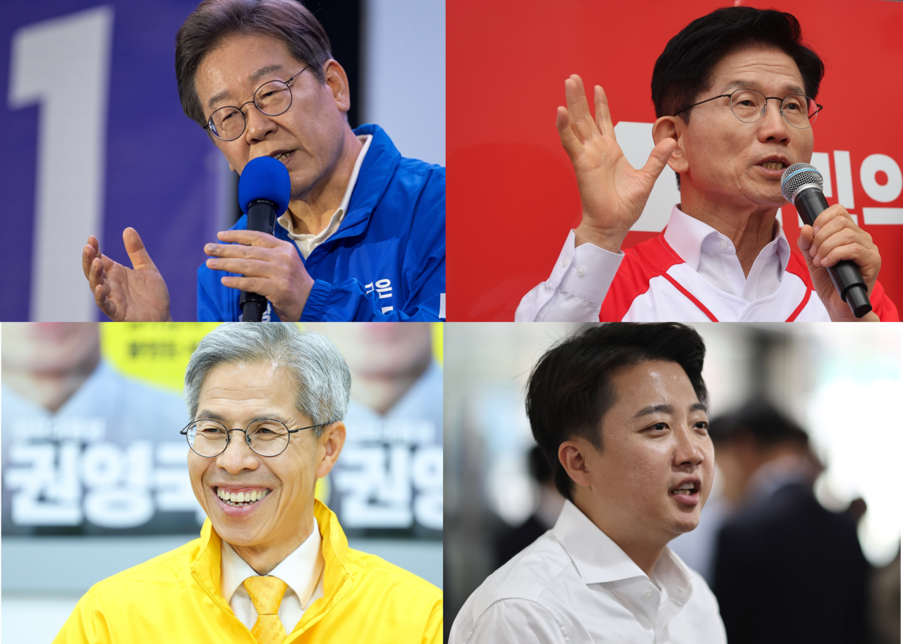 From top left, clockwise: Democratic Party's presidential candidate Rep. Lee Jae-myung, People Power Party's candidate Kim Moon-soo, New Reform Party's Rep. Lee Jun-seok and Democratic Labor Party's Kwon Young-gook (Yonhap)