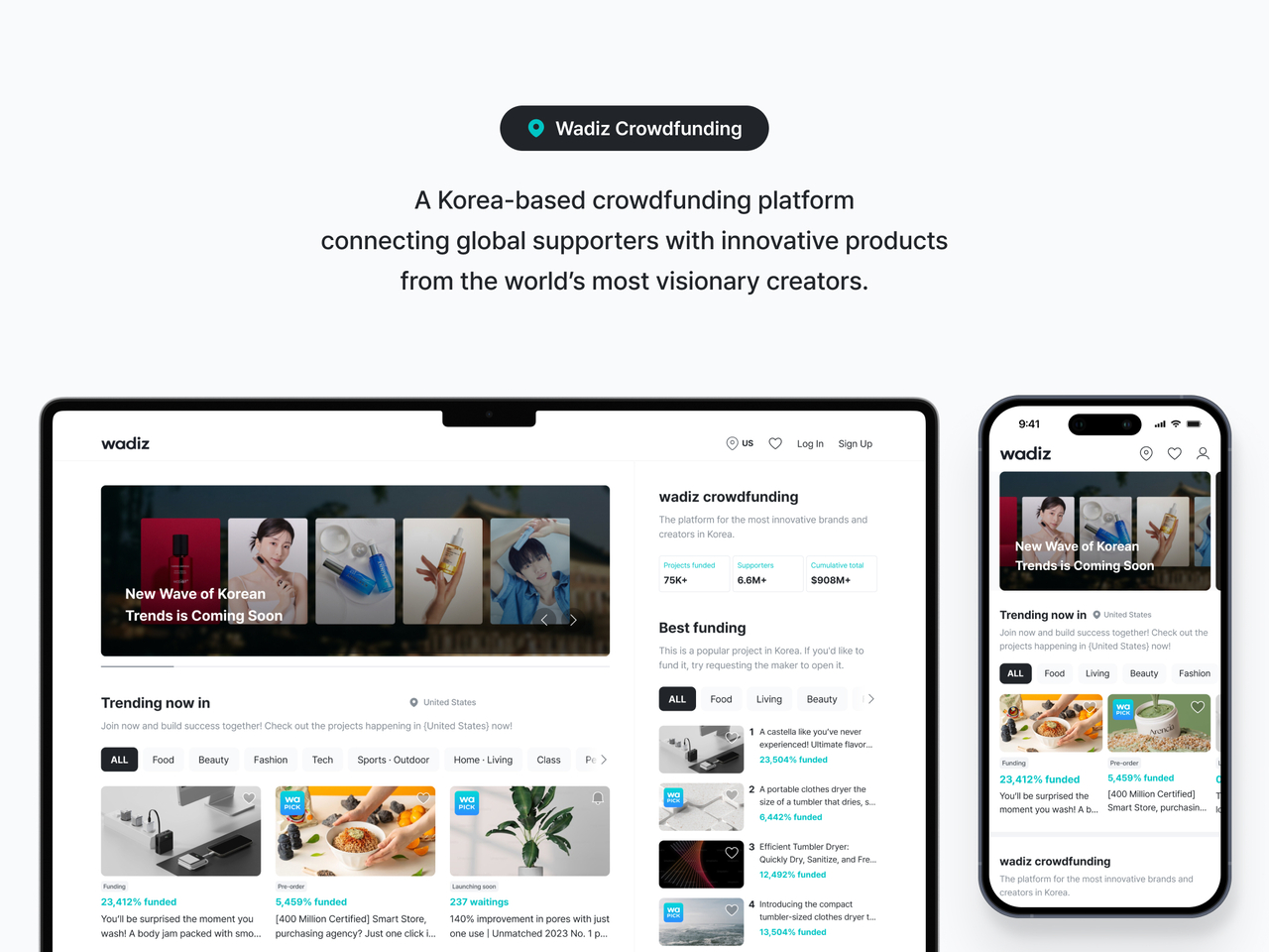 Wadiz’s international platform is shown on PC and mobile screens. (Wadiz)