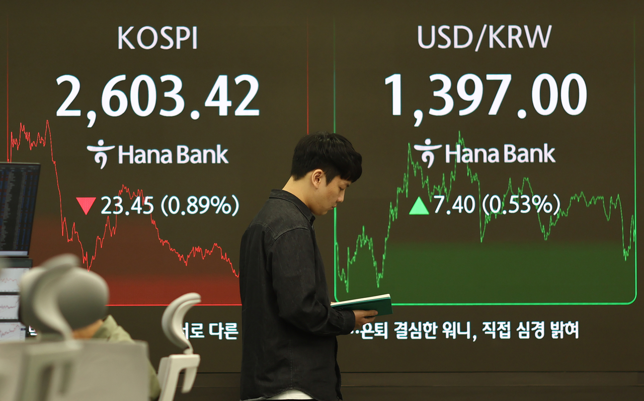 An electronic board showing the Korea Composite Stock Price Index at a dealing room of the Hana Bank headquarters in Seoul on Monday. (Yonhap)
