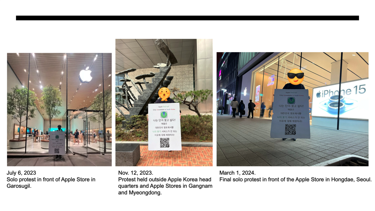 Hwang Ho-chan, who lives outside the Seoul Metropolitan Area, traveled hours by bus to stage solo protests outside Apple Stores in Garosugil, Gangnam and Myeongdong, holding signs with QR codes linking to his research — often ignored by passersby. (Courtesy of Hwang)