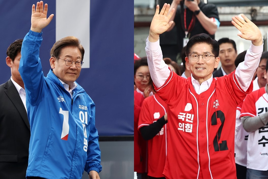 This combined photo taken May 18 and May 19 shows the presidential candidates of South Korea's major political parties Lee Jae-myung of the liberal Democratic Party and Kim Moon-soo of the conservative People Power Party. (Yonhap)