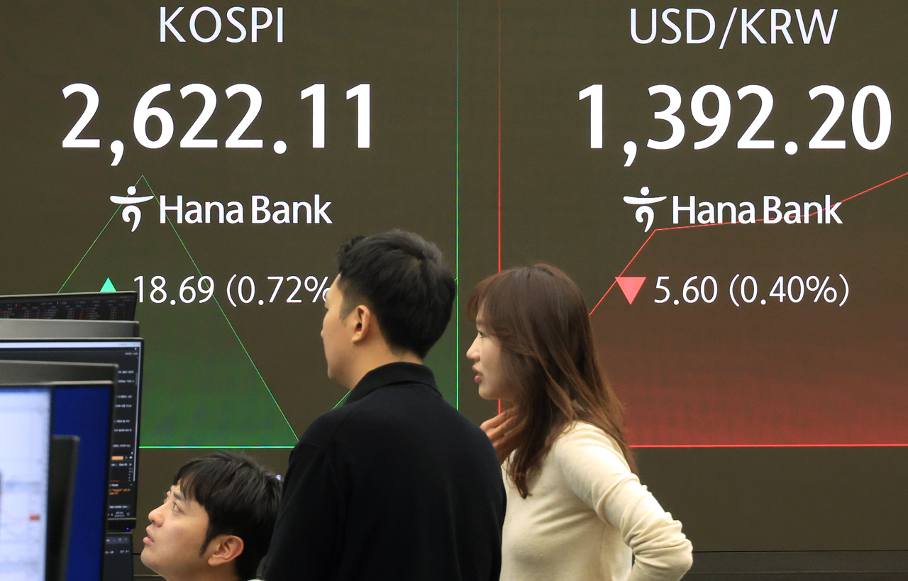 An electronic board showing the Korea Composite Stock Price Index at a dealing room of the Hana Bank headquarters in Seoul on Tuesday. (Yonhap)