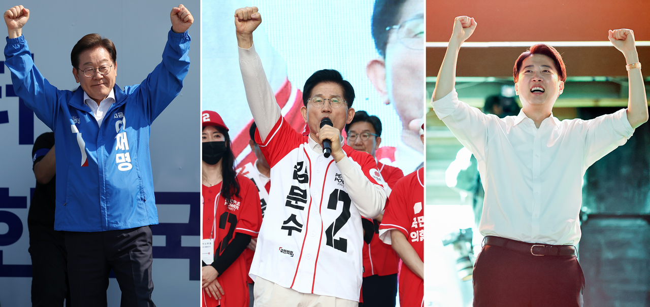 제21대 대통령 선거 공식 선거운동 첫날인 12일 대선후보들이 선거운동을 하고 있다. 왼쪽부터 이재명 더불어민주당 대선 후보, 김문수 국민의힘 대선 후보, 이준석 개혁신당 대선 후보. [연합]