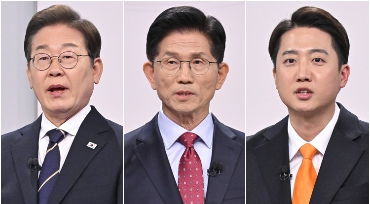 This combined photo shows three presidential candidates Lee Jae-myung of the Democratic Party, Kim Moon-soo of the People Power Party and Lee Jun-seok of the minor New Reform Party -- attending their first televised debate on Sunday. (Yonhap)