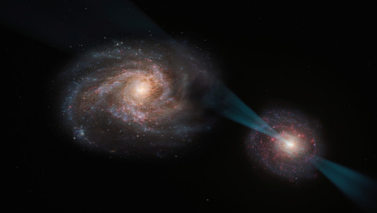An artist's impression shows a galactic merger in which the galaxy on the right hosts a quasar at its core, in this handout image released by the European Southern Observatory on Wednesday.   Reuters-Yonhap
