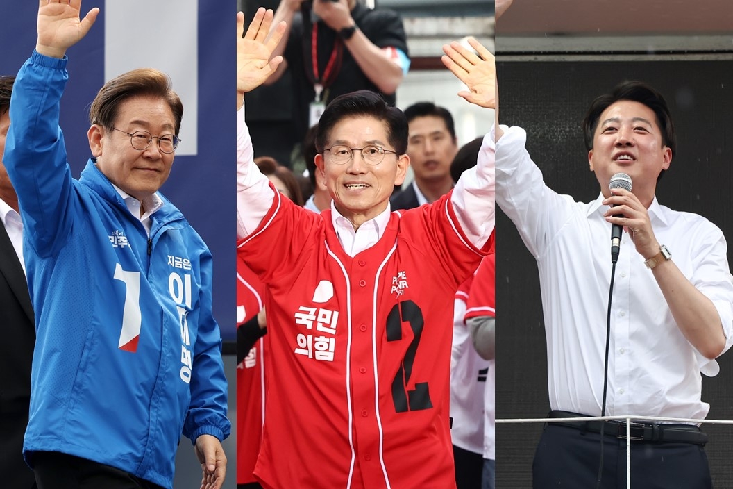 This combined photo taken on Tuesday shows the presidential candidates of South Korea's major political parties Lee Jae-myung of the liberal Democratic Party, Kim Moon-soo of the conservative People Power Party and Lee Jun-seok of the minor conservative New Reform Party. (Yonhap)