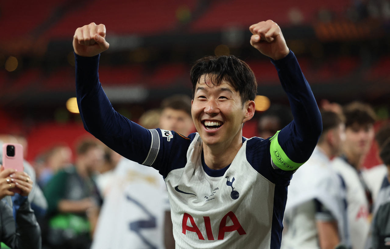 Tottenham Hotspur's Son Heung-min celebrates after winning the Europa League. (Reuters)