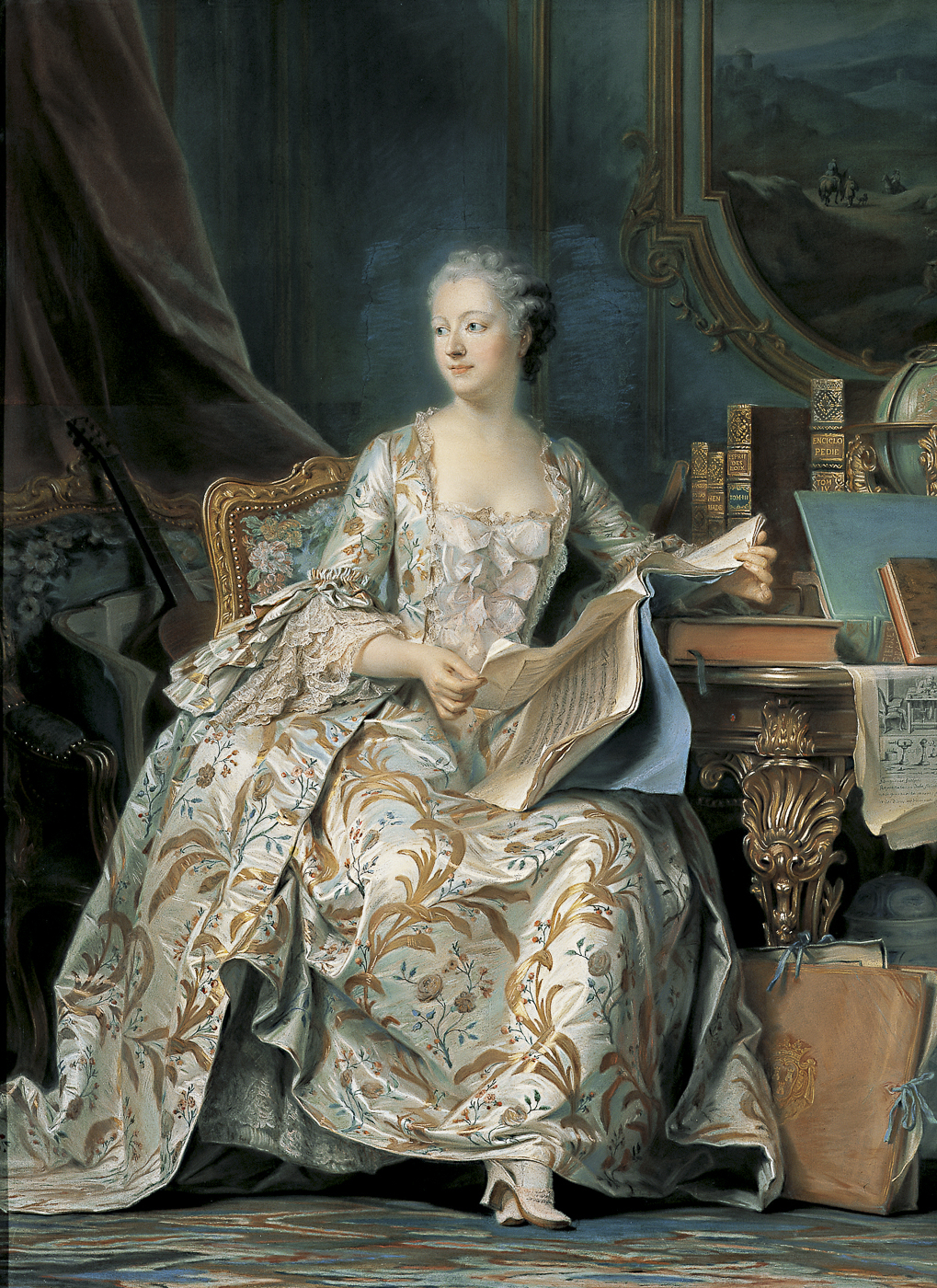 모리스 켕탱 드 라 투르, 서재에 있는 투혼 토토사이트 부인, 1749~1755, 파스텔, 175x128cm, 루브르 박물관