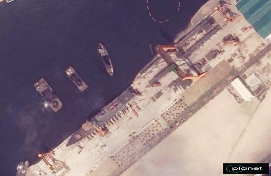 This satellite image provided on May 22, shows a North Korean warship under preparation for launch after being constructed in the eastern port city of Chongjin. (The Ministry of Unification)