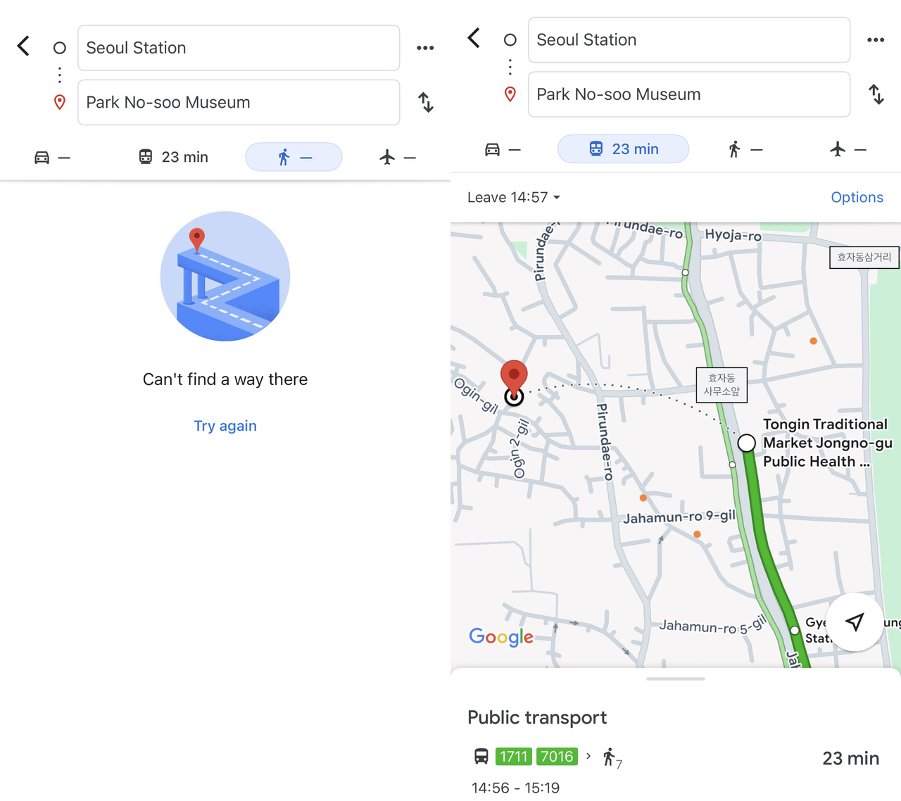 Google Maps in South Korea does not provide walking directions (left), and while it offers public transit routes with real-time updates, the walking segments are shown only as vague dotted lines without step-by-step guidance (right).