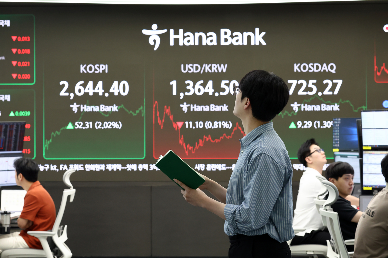 An electronic board showing the Korea Composite Stock Price Index at a dealing room of the Hana Bank headquarters in Seoul on Monday. (Yonhap)