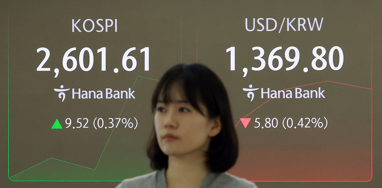 An electronic board showing the Korea Composite Stock Price Index at a dealing room of the Hana Bank headquarters in Seoul on Monday. (Yonhap)