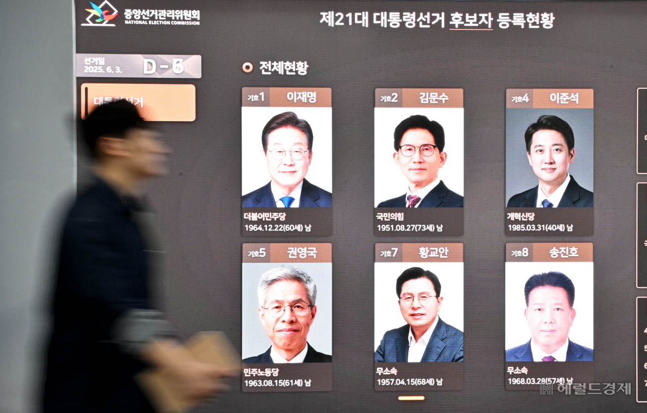 제21대 대통령 선거를 일주일 앞둔 27일 오전 경기도 과천시 중앙선거관리위원회 선거통합상황실 전광판에 각 정당 대선 토토사이트 해외축구 중계자의 모습이 송출되고 있다. 이번 제21대 대통령 선거는 선거일 기준 18세(2007.06.04. 출생자까지 포함) 이상 전 국민을 대상으로 실시된다. 본투표 일은 오는 6월 3일이며 이에 앞서 5월 29일과 30일 양일간 전국 3569개 투표소에서 사전 투표가 진행된다. 과천=임세준 기자