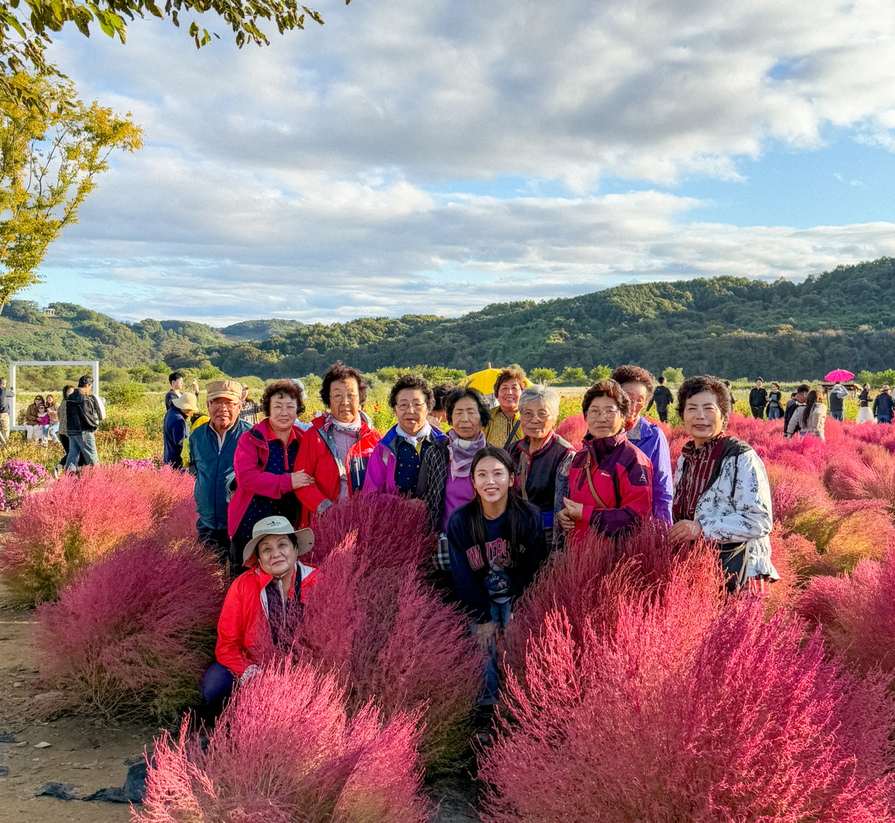 Lee (center) poses with senior haenyeo colleagues during a picnic photo shoot. (Courtesy of Lee)