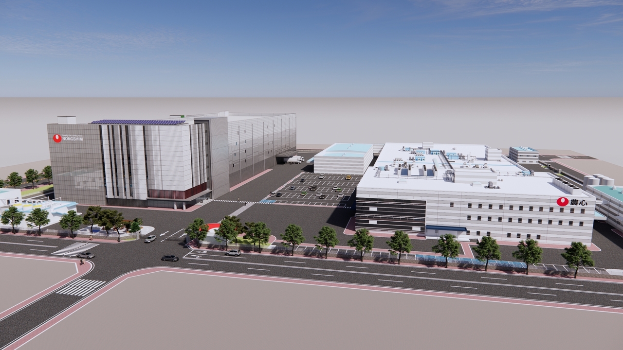A rendering shows Nongshim's export plant on the left, which is scheduled for completion in 2026 in Busan. (Nongshim)
