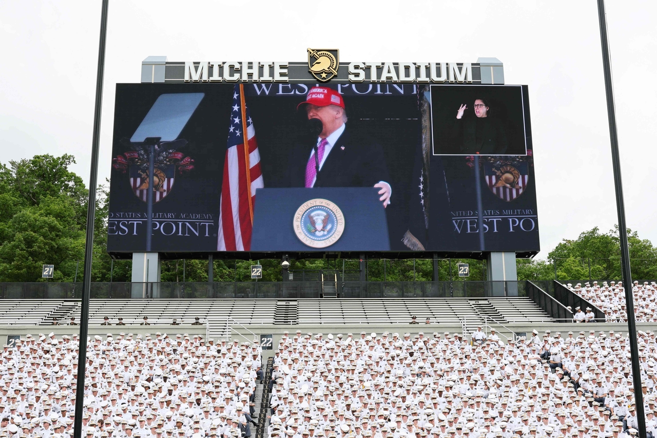 U.S. President Donald Trump addresses graduates of the United States Military Academy at West Point in Michie Stadium on May 24, 2025 in West Point, New York. Over one thousand cadets are expected to graduate in the same year that the U.S. Army celebrates its 250th birthday. [AFP]