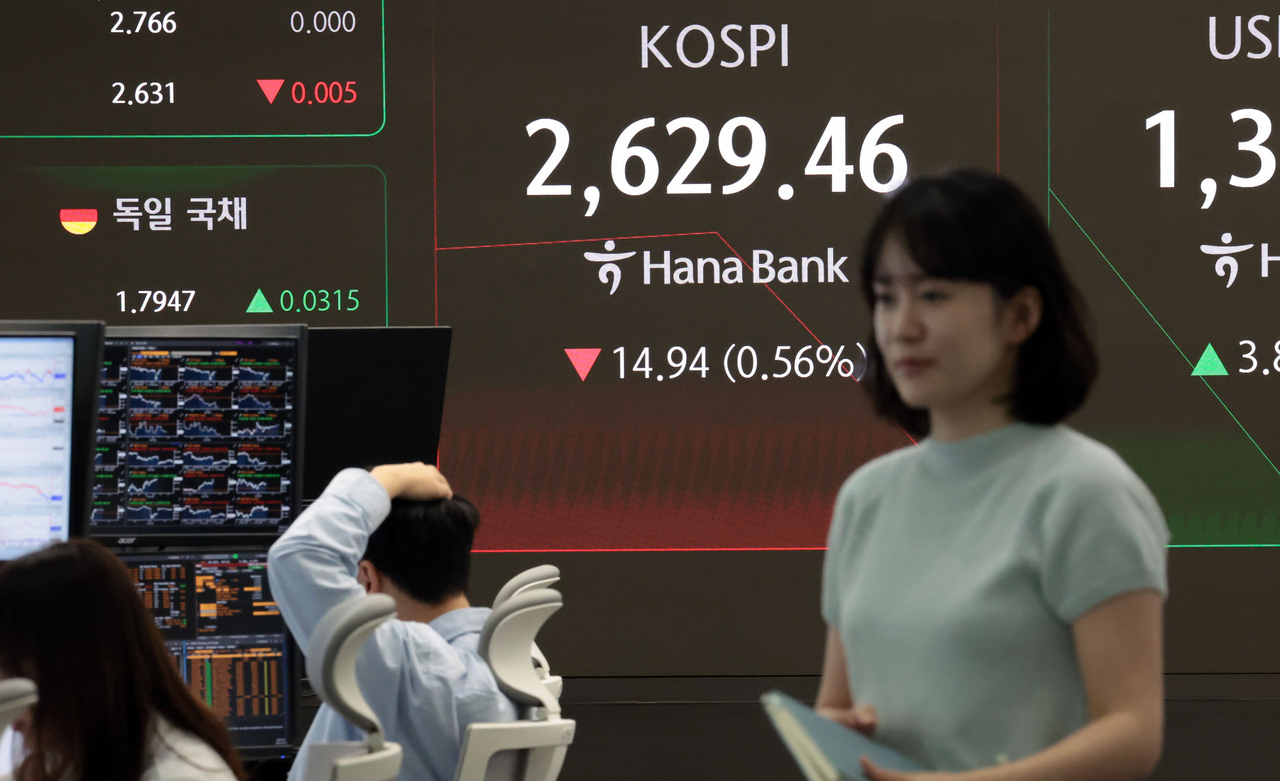An electronic board showing the Korea Composite Stock Price Index at a dealing room of the Hana Bank headquarters in Seoul on Tuesday. (Yonhap)