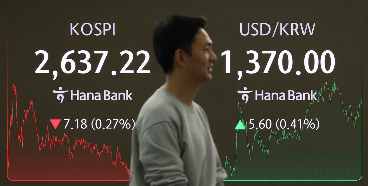 An electronic board showing the Korea Composite Stock Price Index at a dealing room of the Hana Bank headquarters in Seoul on Tuesday. (Yonhap)
