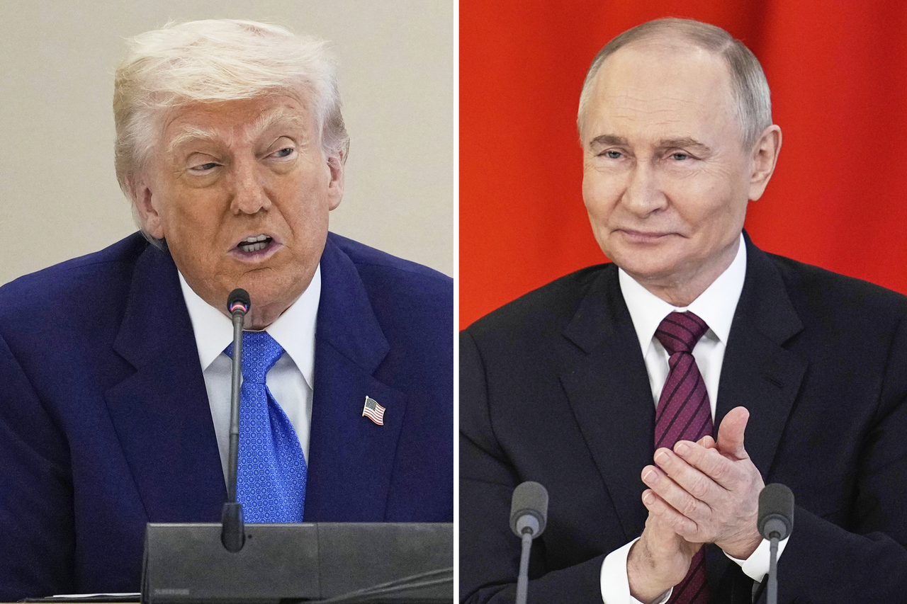 These combined photos show President Donald Trump at a business roundtable on May 16 in Abu Dhabi, United Arab Emirates (left), and Russian President Vladimir Putin at a signing ceremony at the Kremlin in Moscow, May 10. (AP)