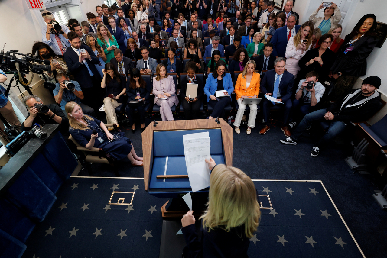 White House Press Secretary Karoline Leavitt holds a press briefing at the White House in Washington, D.C., U.S., April 22, 2025. REUTERS/Leah Millis