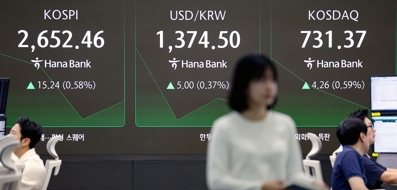 An electronic board showing the Korea Composite Stock Price Index at a dealing room of the Hana Bank headquarters in Seoul on Wednesday. (Yonhap)