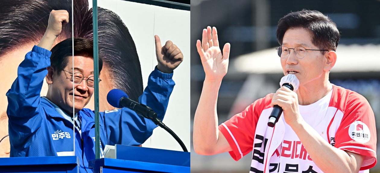 Lee Jae-myung (left), presidential candidate of the Democratic Party of Korea, and Kim Moon-soo, presidential candidate of the People Power Party, carry out campaign rallies in Gyeonggi Province on Monday. (Lee Sang-sub, Lim Se-jun/The Korea Herald)