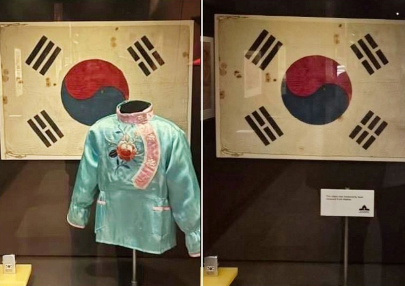 This combination of photos shows the before and after of the Australian War Memorial in Canberra, Australia, removing a Chinese-style outfit displayed in front of South Korea’s national flag. The images were posted on the Instagram account of Seo Kyung-duk, a professor of liberal arts at Sungshin Women’s University, on Thursday. (Instagram)