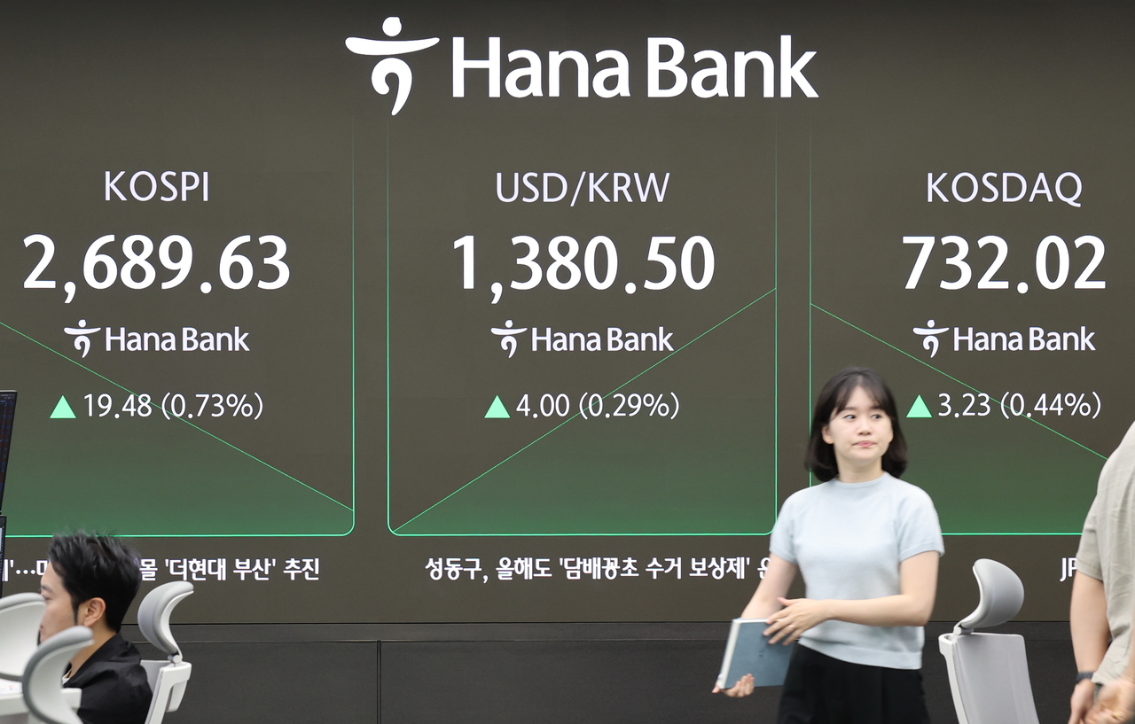 An electronic board showing the Korea Composite Stock Price Index at a dealing room of the Hana Bank headquarters in Seoul on Thursday. (Yonhap)