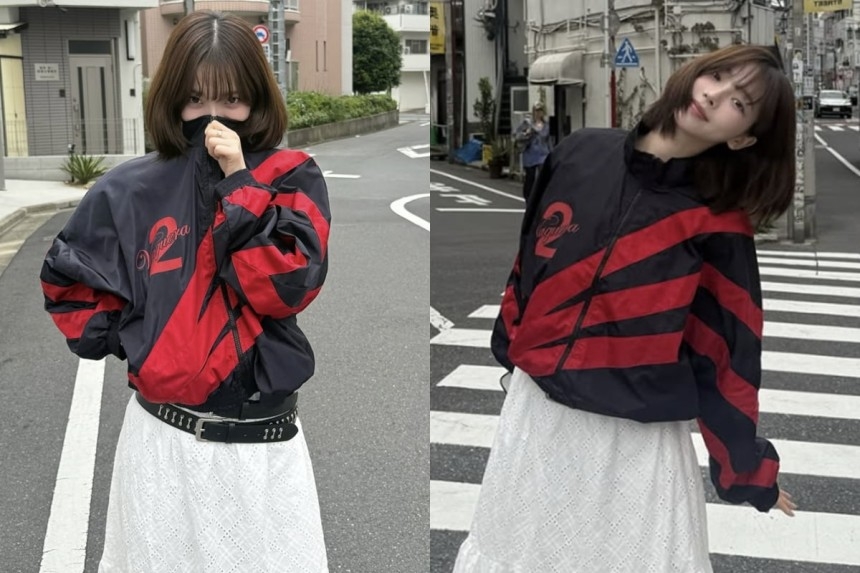 In these now-deleted photos, posted by Karina, the member of the K-pop group aespa, is seen wearing a black-and-red jacket with No. 2 written on it. (Instagram)