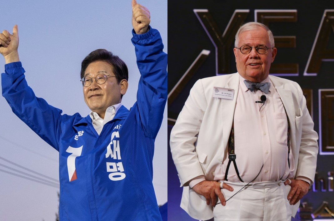 Democratic Party presidential candidate Lee Jae-myung (left) and US investment guru Jim Rogers (Yonhap, GettyImages)
