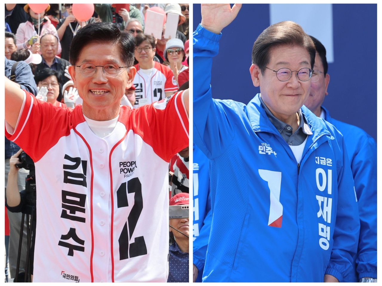 People Power Party presidential candidate Kim Moon-soo, left, and Democratic Party of Korea presidential candidate Lee Jae-myung hold rallies in Suwon and Daegu, respectively, on Sunday. Yonhap