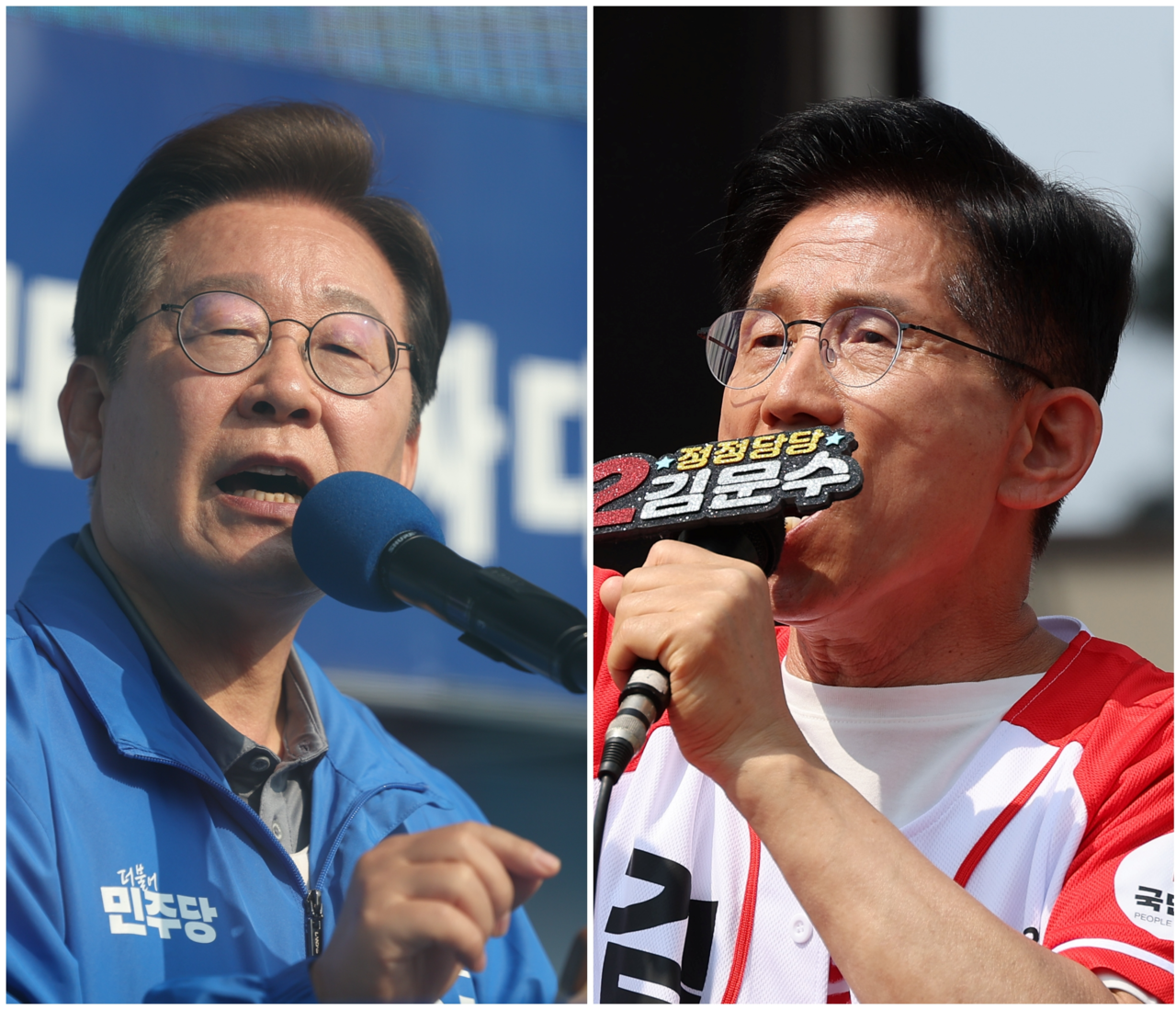 This combined photo shows the presidential candidates of South Korea's major political parties -- Lee Jae-myung of the liberal Democratic Party (left) and Kim Moon-soo of the conservative People Power Party -- during their campaign rallies ahead of the June 3 presidential election. (Yonhap)