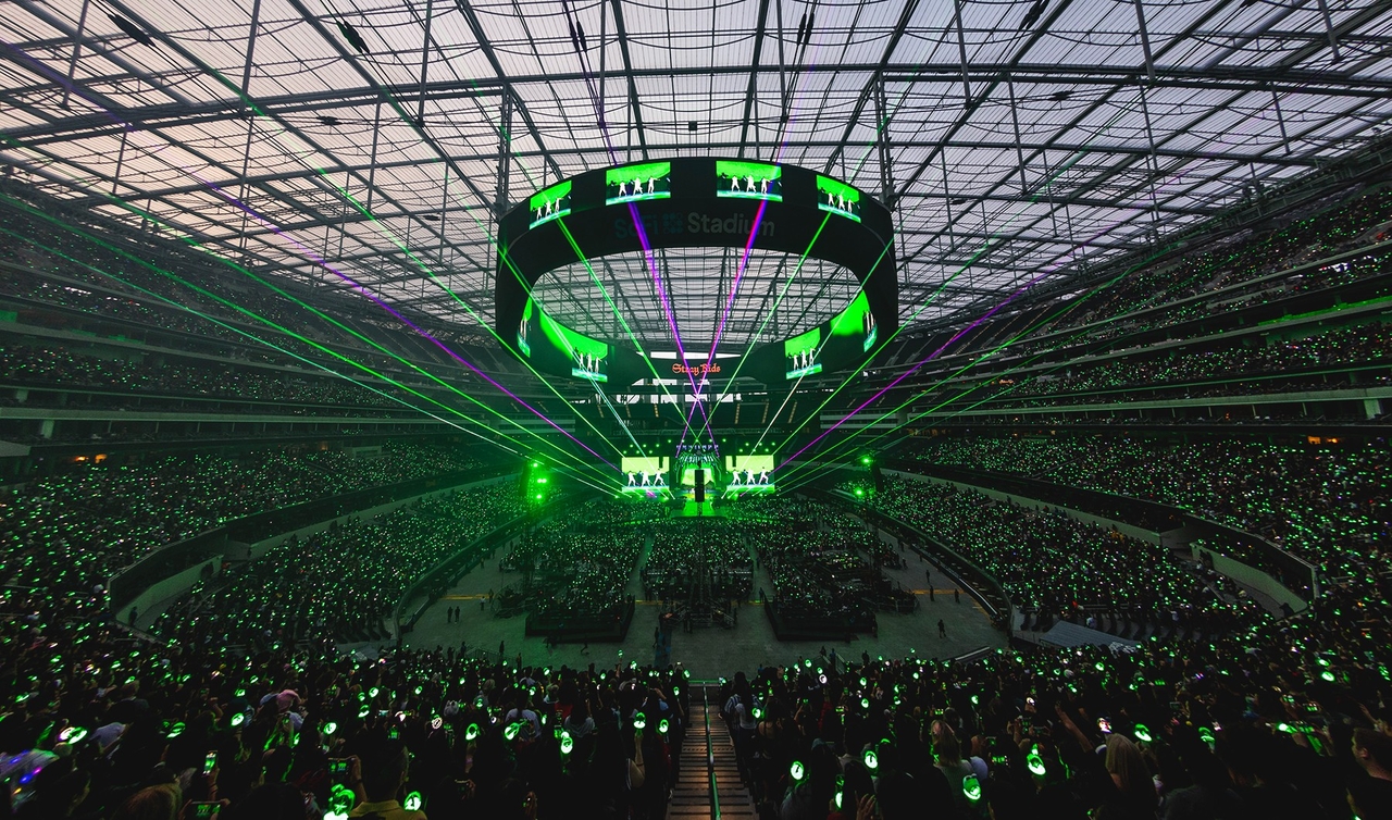 Fans cheer for Stray Kids as they perform during their solo concert at SoFi Stadium in Los Angeles on Sunday. (JYP Entertainment)