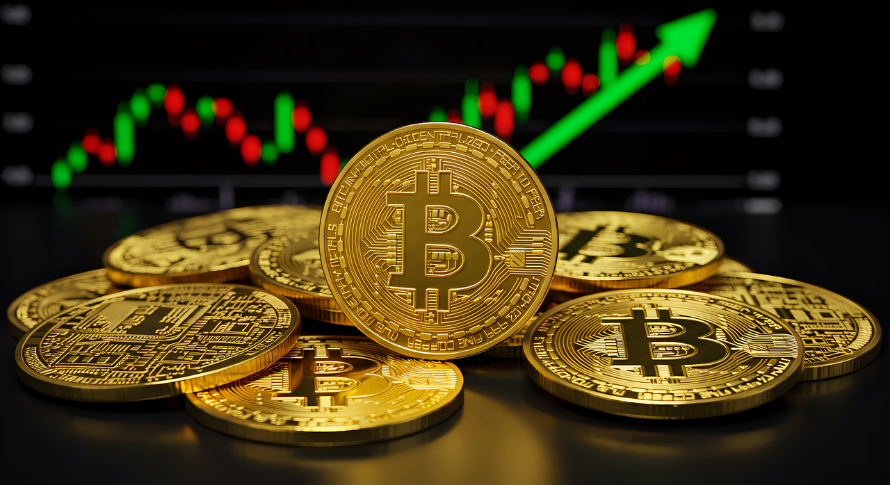 Rendered Bitcoin tokens are displayed against the backdrop of an upward-trending chart. (Getty Images)