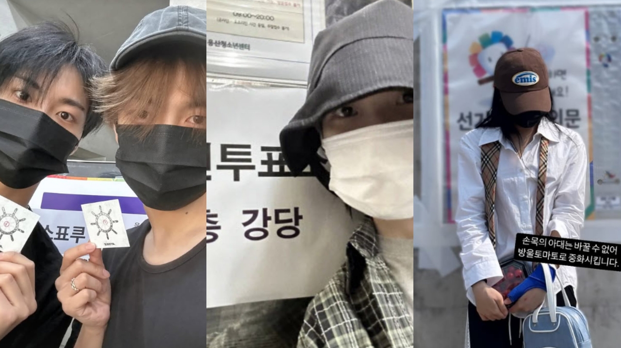 From left: Photos taken in front of voting stations show Ateez's Seonghwa and Hongjoong, singer-actor IU and Lee Chae-yeon
