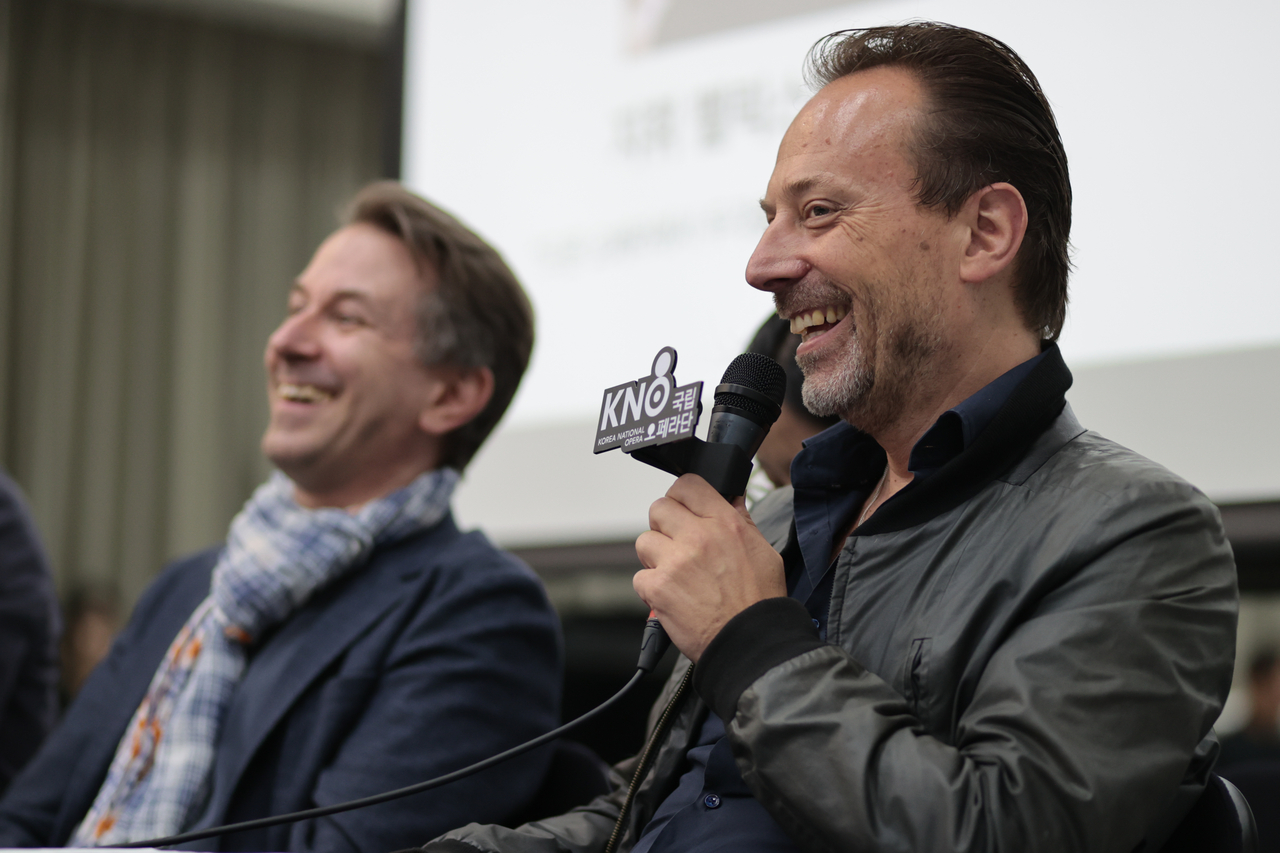 Conductor Felix Krieger (left) and stage director Lorenzo Fioroni participate in a press conference on Monday at the Seoul Arts Center in Seocho-gu, Seoul. (Yonhap)