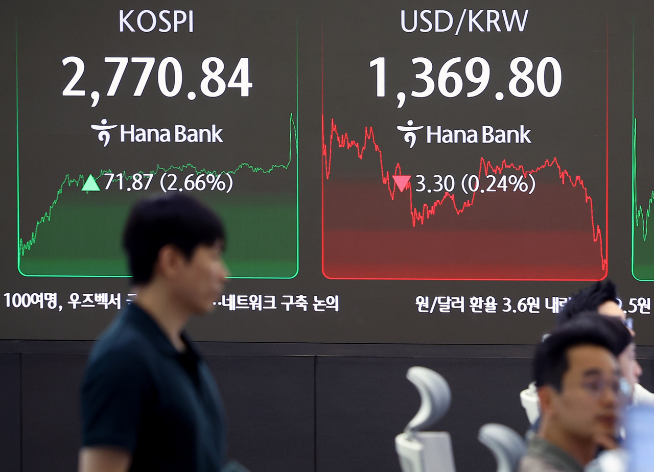 An electronic board showing the Korea Composite Stock Price Index at a dealing room of the Hana Bank headquarters in Seoul on Wednesday. (Yonhap)